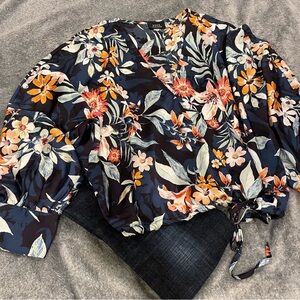 Floral V-Neck Blouse - Navy